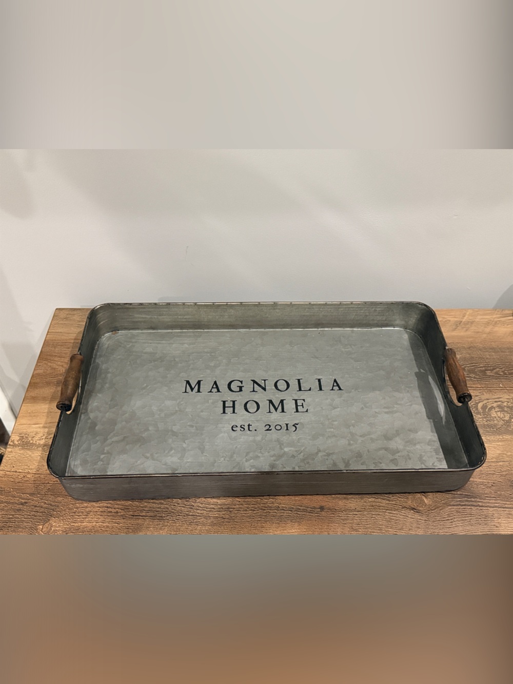 Magnolia Galvanized Metal Serving Tray with Wood Handles - Gray
